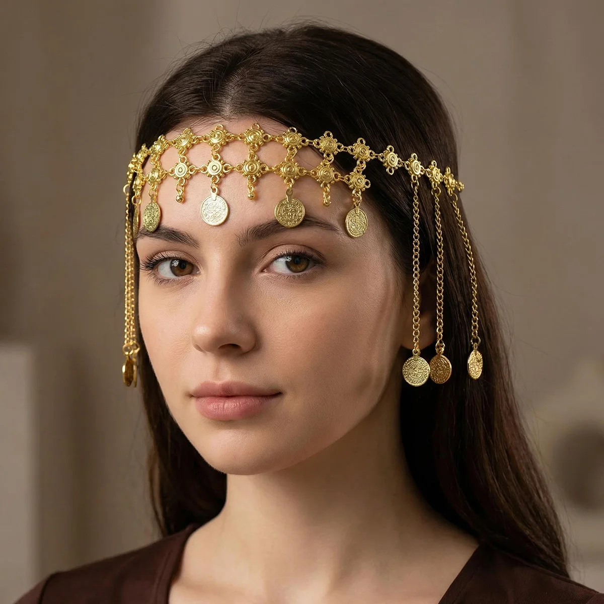 

1pc Women‘s Exaggerated Tassel Hair Chain. Retro Alloy Coin Headpiece for Daily, Party, Valentine‘s Day & Bridal Gift.