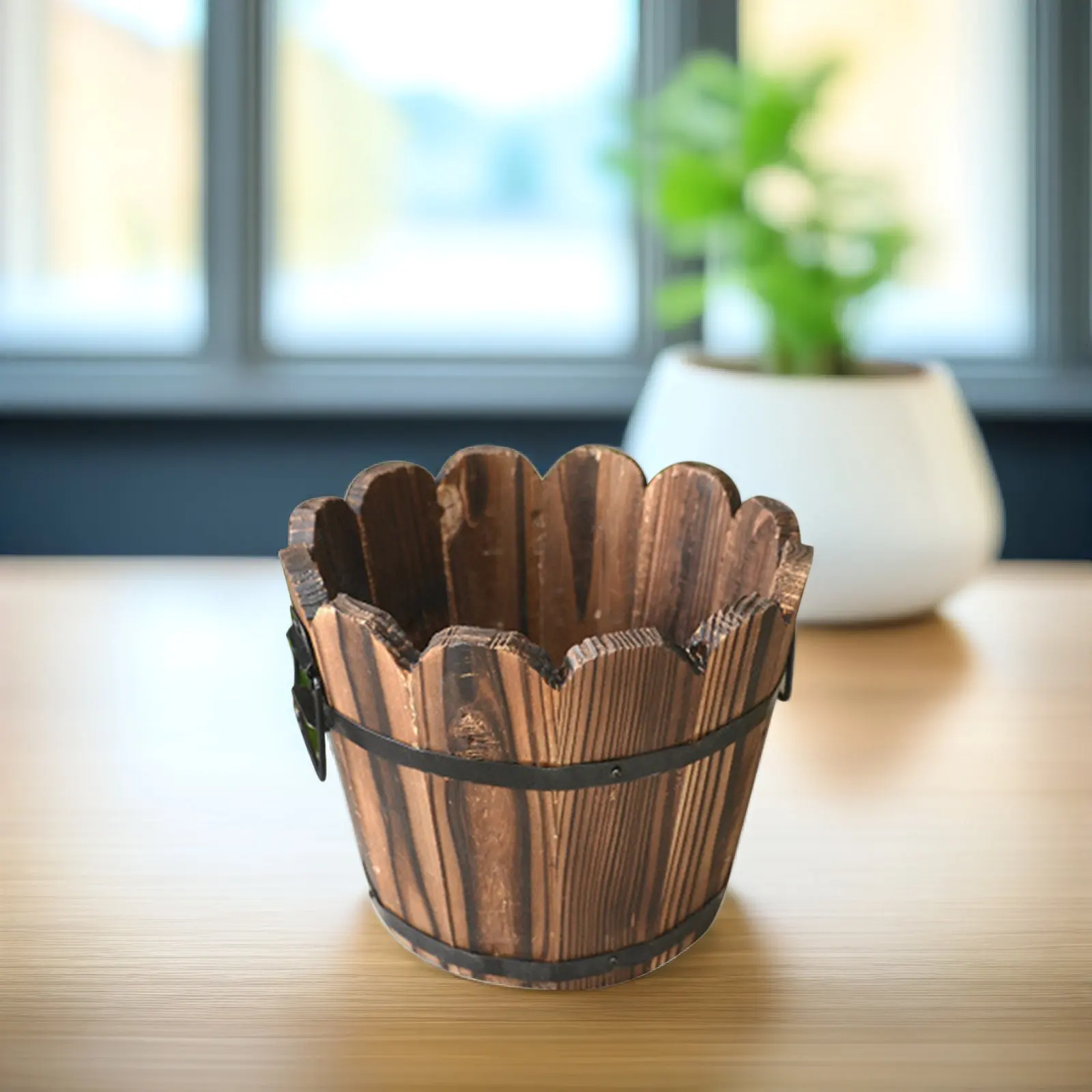 Solid Wood Carbonized Flower Pot Small Size Retro Wooden Barrel Desktop Balcony Succulents Plant Pot Home Office Decoration