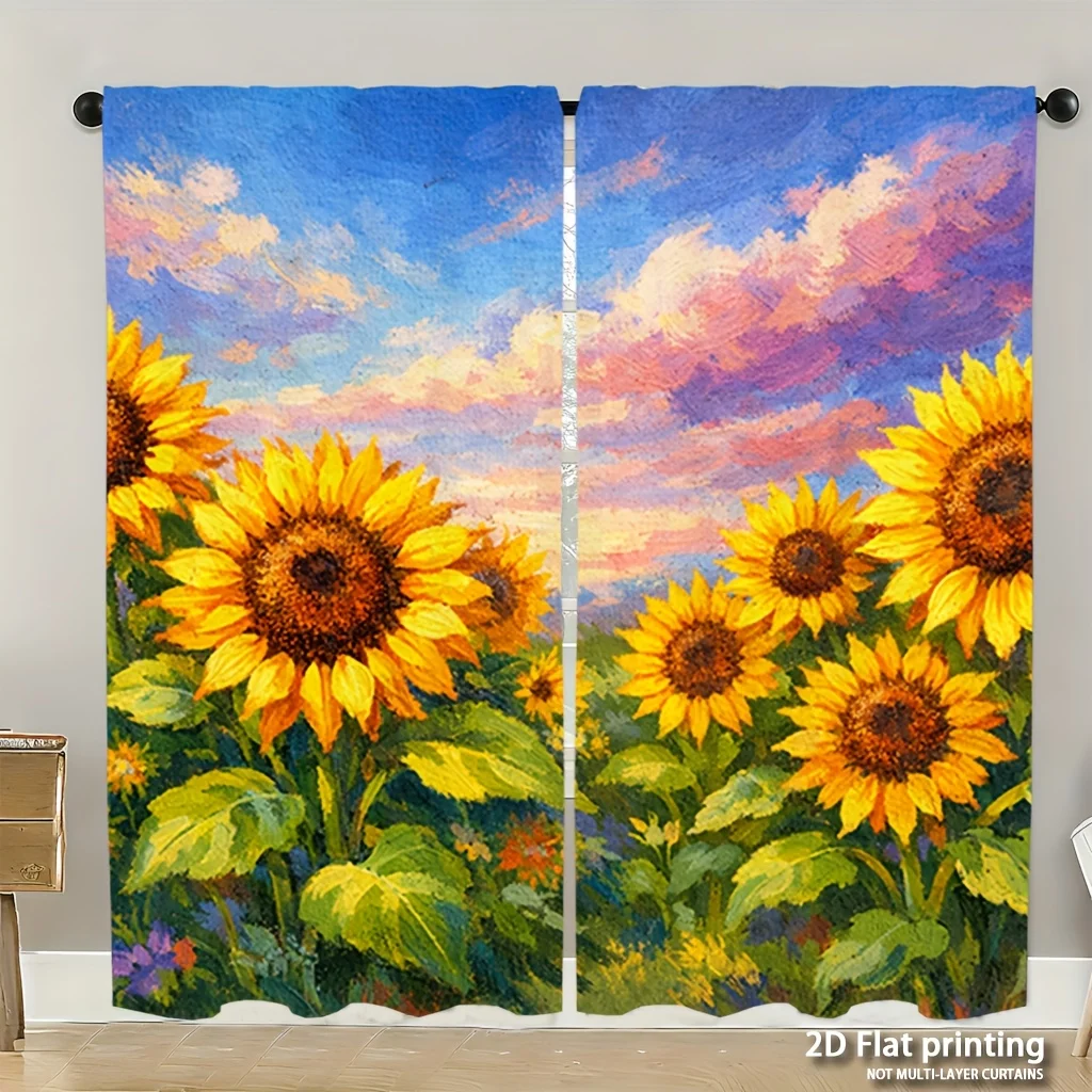 Sunny Sunflower Field Rod Pocket Light Filtering Curtains 2 Panel Botanical Drapes for Living Room Bedroom Decor