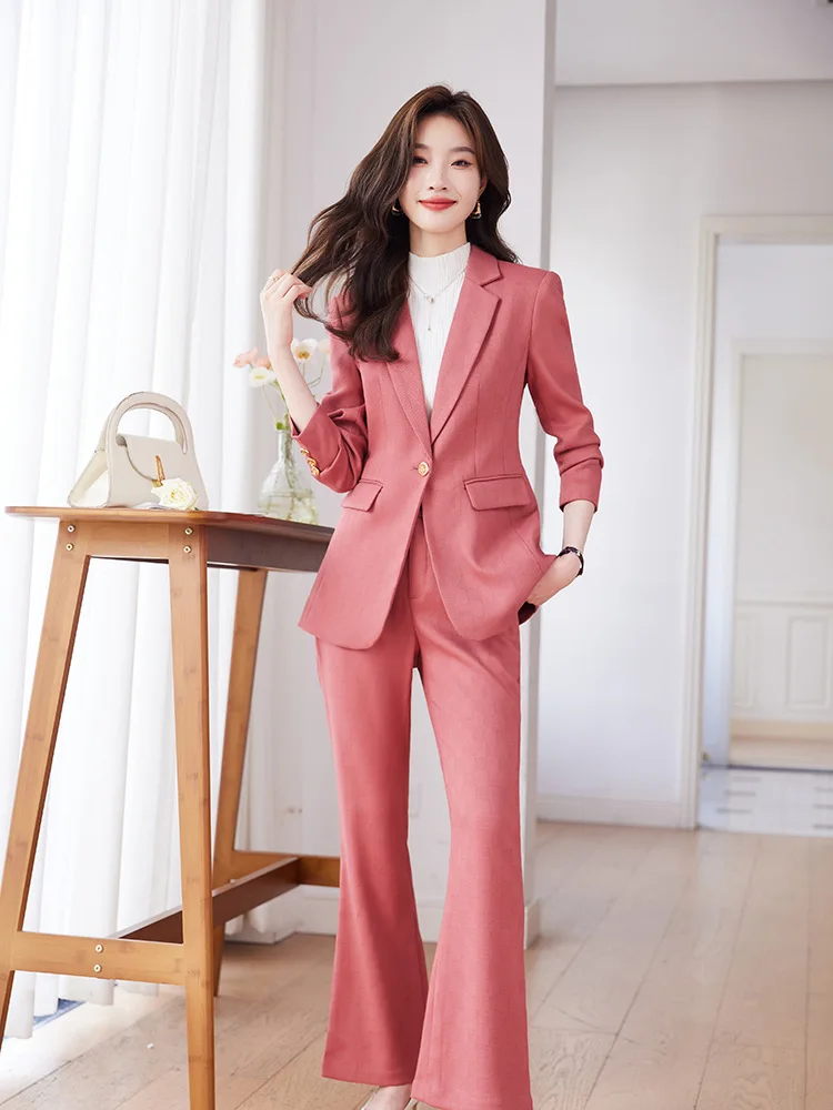 Pink Blue Black Women Pant Suit High Quality 2 Piece Set Office Ladies OL Girl Formal Jacket Blazer And Trousers For Work Wear