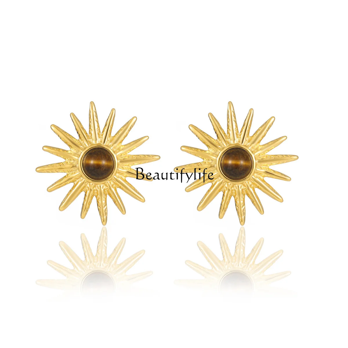 

French retro premium titanium steel sunflower tiger eye natural stone versatile stud earrings