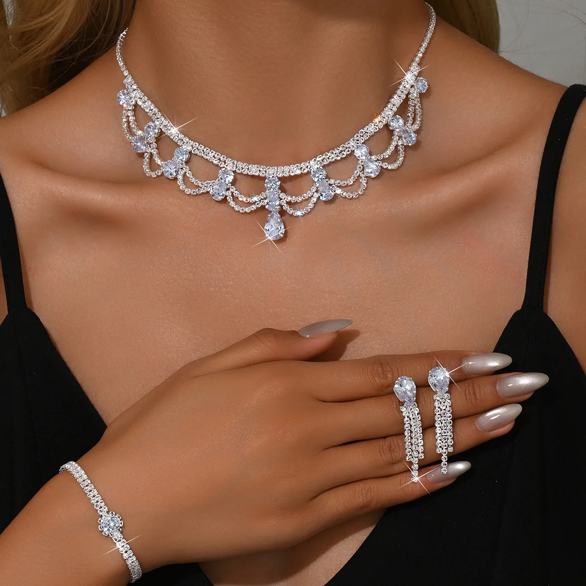 

New evening party accessory necklace jewelry bridal set wedding dress full diamond earrings bracelet chain set
