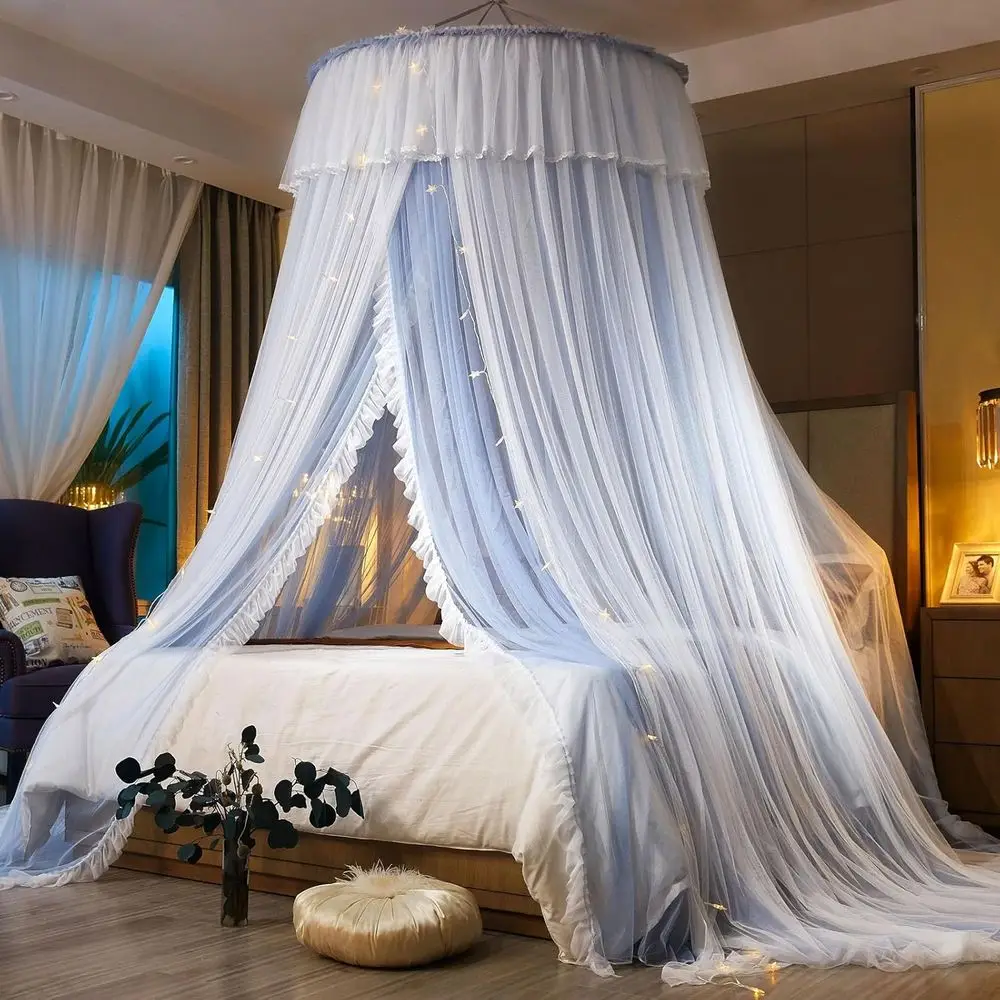 Elegant Double-Layer Bed Curtain, Children's Dream Round Lace Mosquito Net, Twin, Full, Queen, and King Beds (Light Gray)