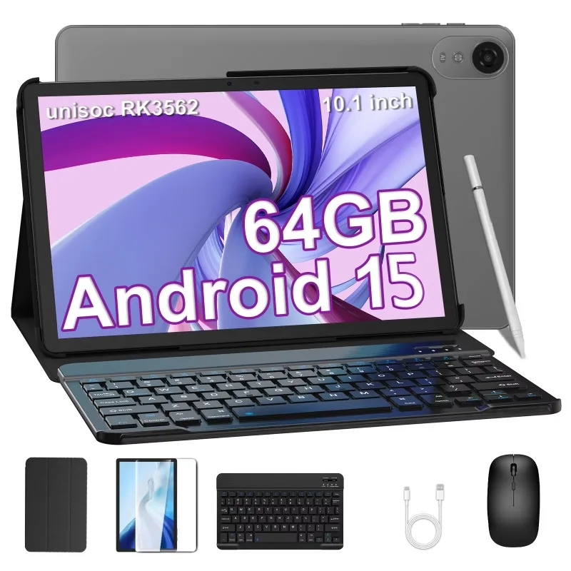 COLORROOM 10 Inch Android 15 Tablet, Octa Core, 4GB RAM 64GB ROM, 1TB Expandable, WiFi 6, 8MP Camera, Tablet with Keyboard, Mous