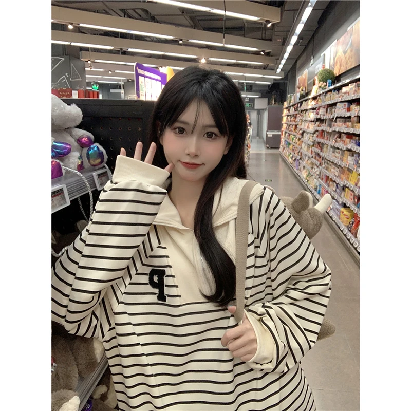 

Women Hoodies 2023 New Spring Autumn Stripe Loose Drop Sleeves Casual Fashion Turn-down Collar Motion Pullovers Top