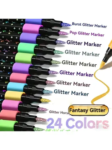 24 Colors Colorful Double-Ended Glitter Pens with Fast-Drying Glue-Like Ink - Fine Tip Tip-To-Base for Scrapbooking, Card Making