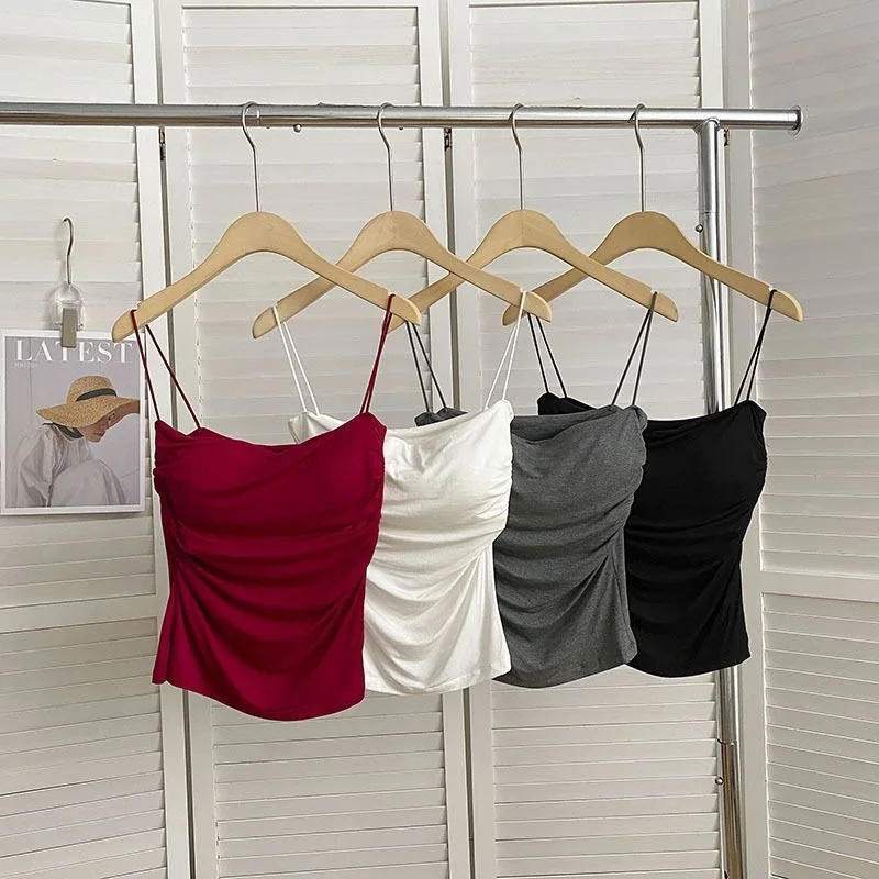 

Summer Women Tank Tops With Build In Bra Spaghetti Strap Camisole Sexy Pleated Crop tops with Cups Korean Female Tank Vest Tops