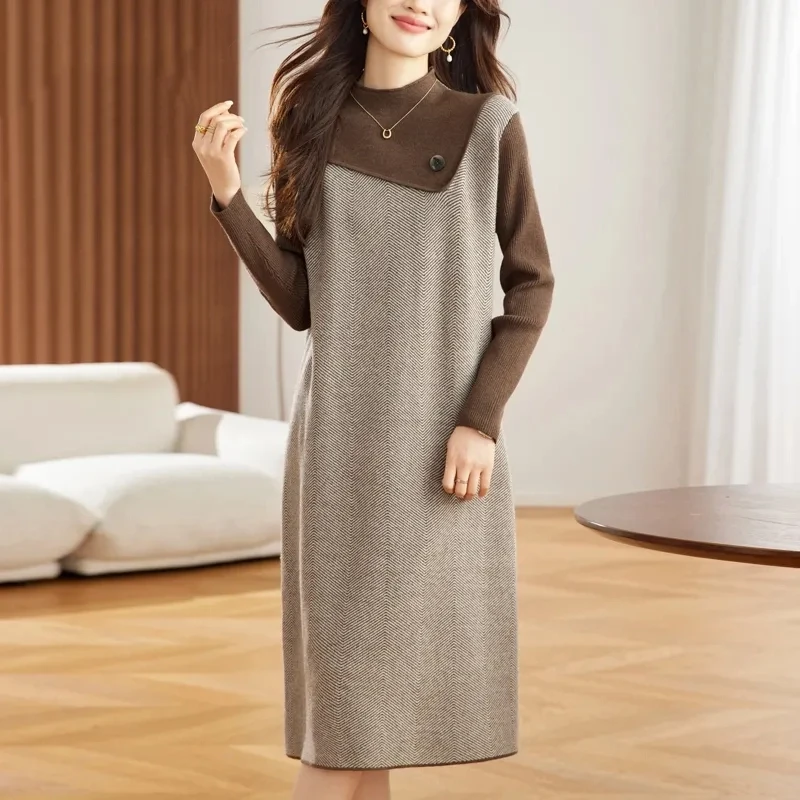 

Elegant Knit Dress With High Neck And Full Sleeve For Women Autumn Winter Classic Style Long Straight Fit With Button Detail