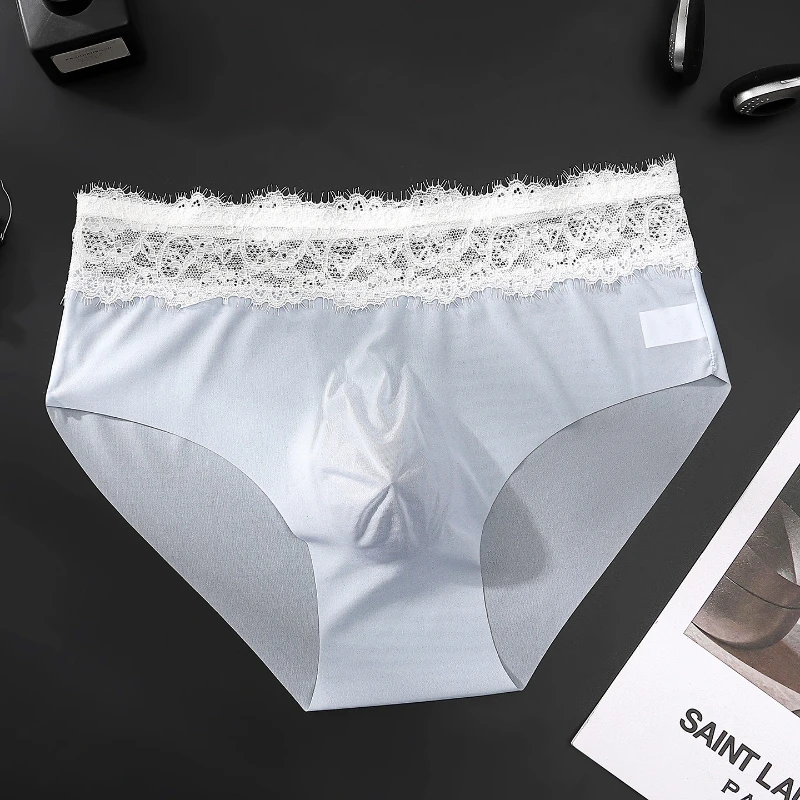 Men's Briefs Ice Silk Sexy Panties Lace Sissy Lingerie Bulge Pouch Traceless Underwear Elastic Quick-Drying Underpants