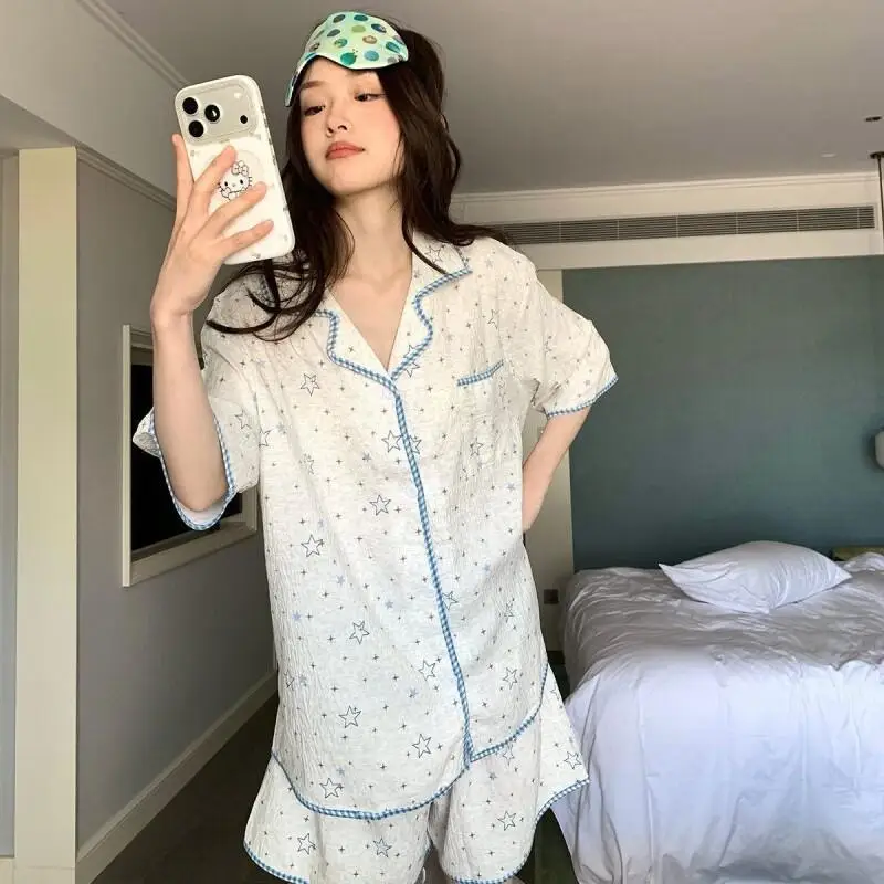 Women's Pajama Set Fashion Homewear Short Sleeve Shorts Soft Cotton Sweet Star Contrast Trim Summer Korean Style New Comfy