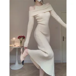 Pure Desire Wind Knit Off Shoulder Dress Autumn Woman Clothes Hollow One Word Collar Elastic All-match Elegant Mermaid Dresses