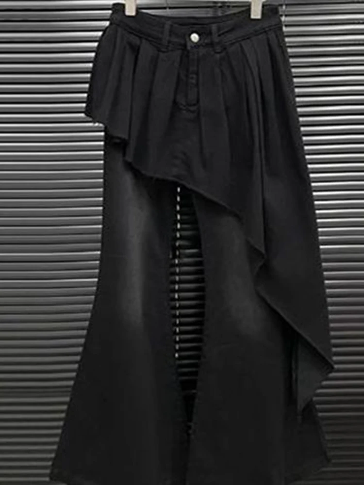 Pantalones vaqueros de dos piezas falsos con diseño de patchwork de estilo americano Retro otoño nuevos pantalones acampanados de cortina de pedido para fregar el suelo de cintura alta