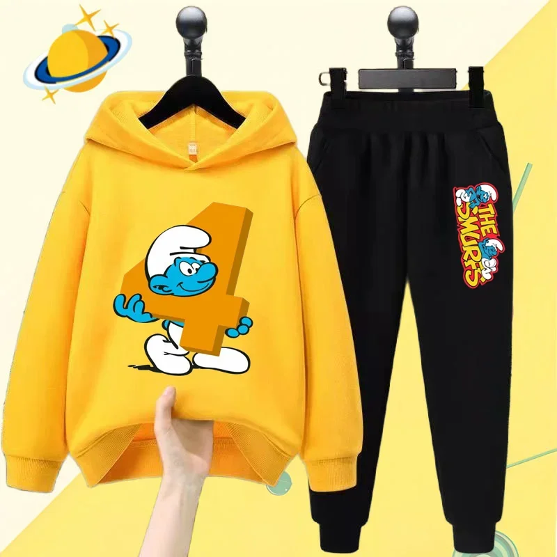 Smurf Smurfette anime children's hoodie set Cartoon print Autumn/Winter long sleeve sweatshirt Boy/Girl Kawaii casual top gift