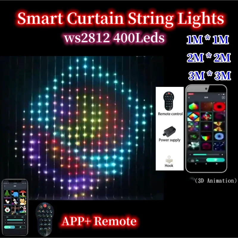 Smart Curtain String Lights App Control Ws2812b 400led DIY Fairy Light Text Pattern Programmable Music Sync Remote Curtain Light