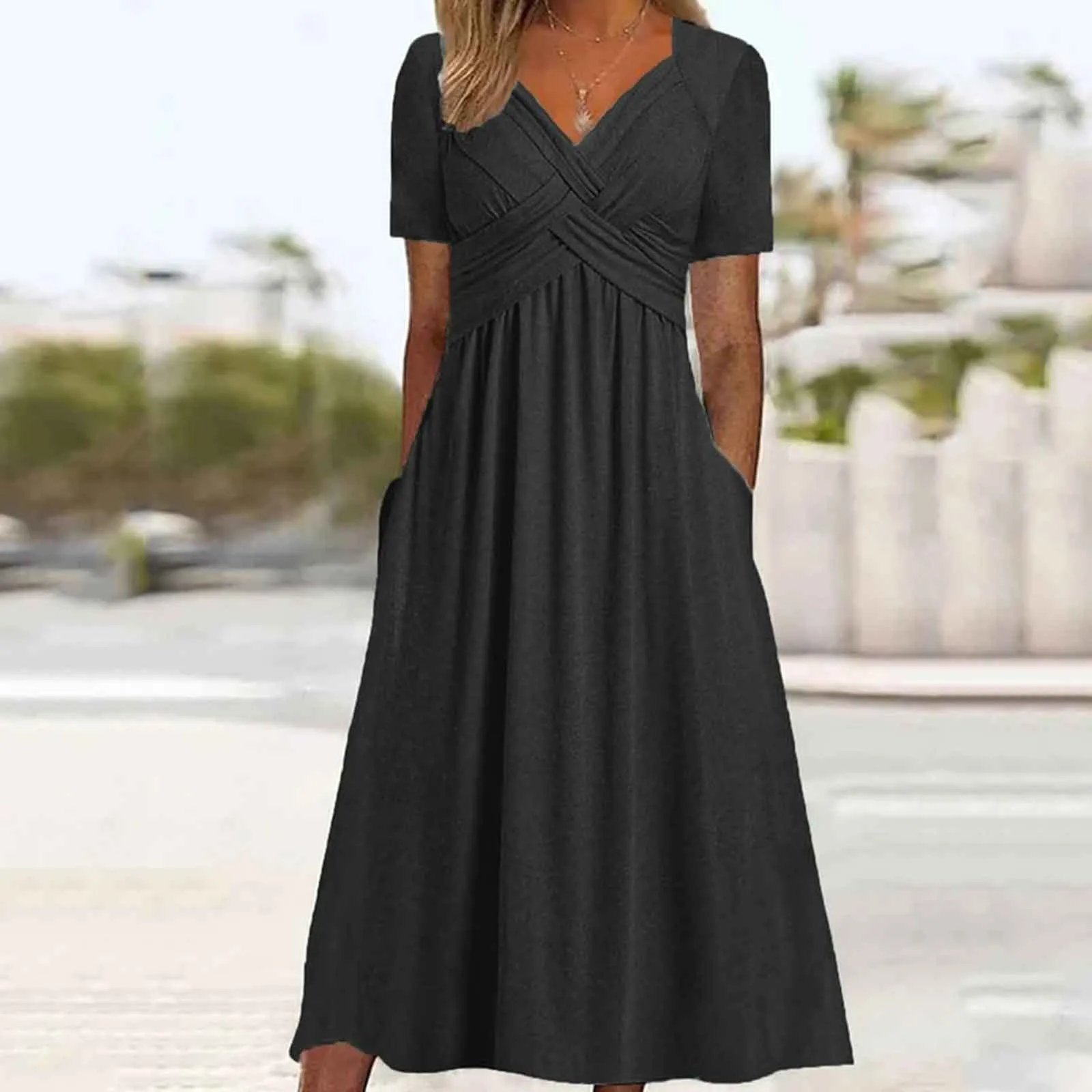 

Women Fashion Solid Short Sleeve Dress Casual Loose Long Dress With Pockets Women Fashion High Waist Evening Party Dresses