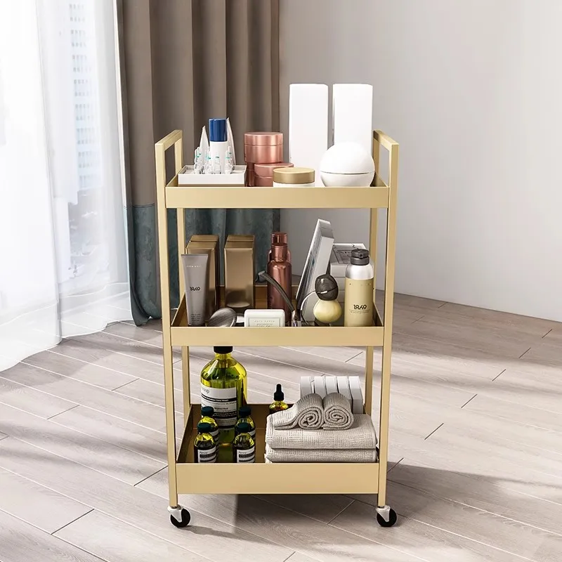 Modern Gold Iron Frame Beauty Salon Small Barber Salon Trolley Luxury 3 Layer Removable Hairdressing Salon Trolley with Wheels