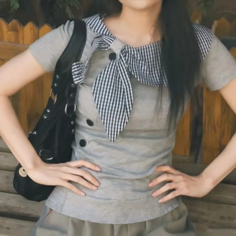 الأمريكية المتخصصة القطن زر تصميم غير النظامية قصيرة الأكمام تي شيرت ريترو الشارع الساخن فتاة البحرية طوق Harajuku عادية Y2K