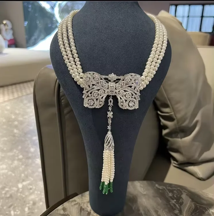 

3 Strands CulturedWhite Pearl Necklace Silver Plated CZ Pave Connector Pearl Tassel Pendant For Women