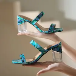 Transparent Crystal Heel Slippers Women's 2023 Summer New Large Square Head Slippers with Pattern