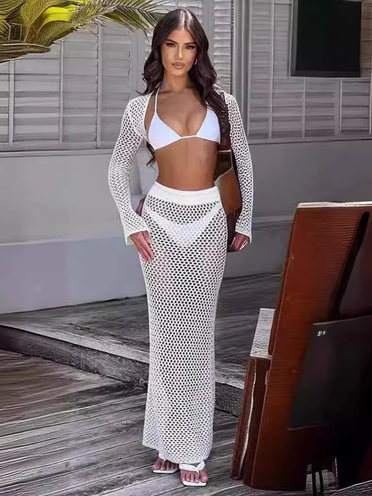 Sexy Knitted Chic Hollow Out Long Skirt Suit Bikini Cover Up 2024 Summer Women's Slim See Through Vacation Beach Dress Set A2925