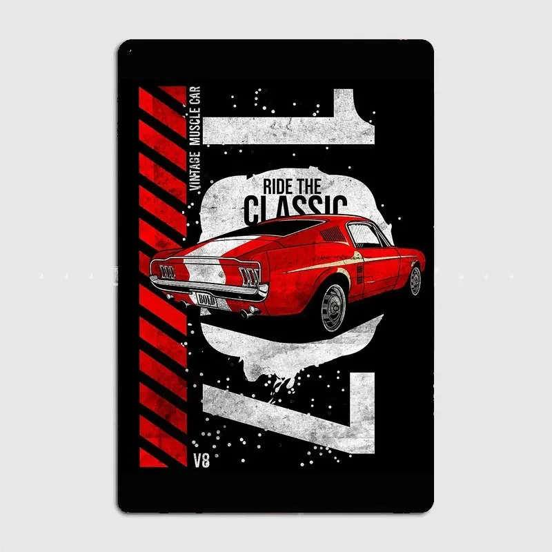 1967 Patriotic American V8 Muscle Car Pony Mustang Poster Drawing Wall Art Metal Painting Vintage Garage Tin Sign Decor Room