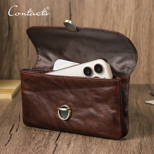 Imagen 1 del producto CONTACT'S Riñonera de cuero genuino para teléfono para hombre, riñonera de cuero de grano completo, riñonera de 6,9 "", bolsa para teléfono para iPhone 16 Pro Max