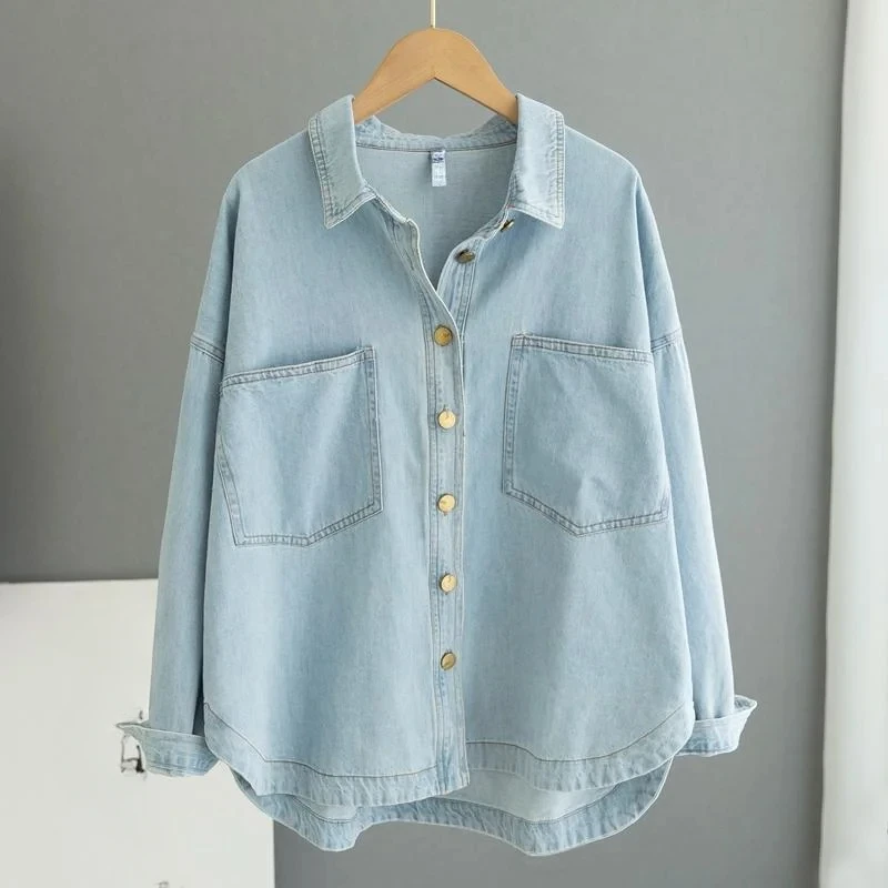 High-End Washed Light Blue Denim Shirt Women 2025 Spring Autumn New Coat Loose Slim Cowboy Jacket Casual Joker Female Trend Top