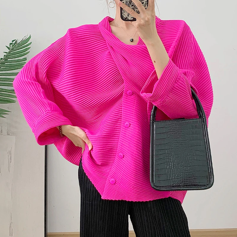 GVUW Pleated Scarf Collar Shirts Women Full Batwing Sleeve Single Breasted New 2024 Loose Solid Color Female Clothing 17G8609