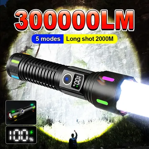 300000 Torcia potente LM 300W Torcia LED ricaricabile ad alta potenza Torcia tattica a lungo raggio 2000m Faretto Lanterna LED