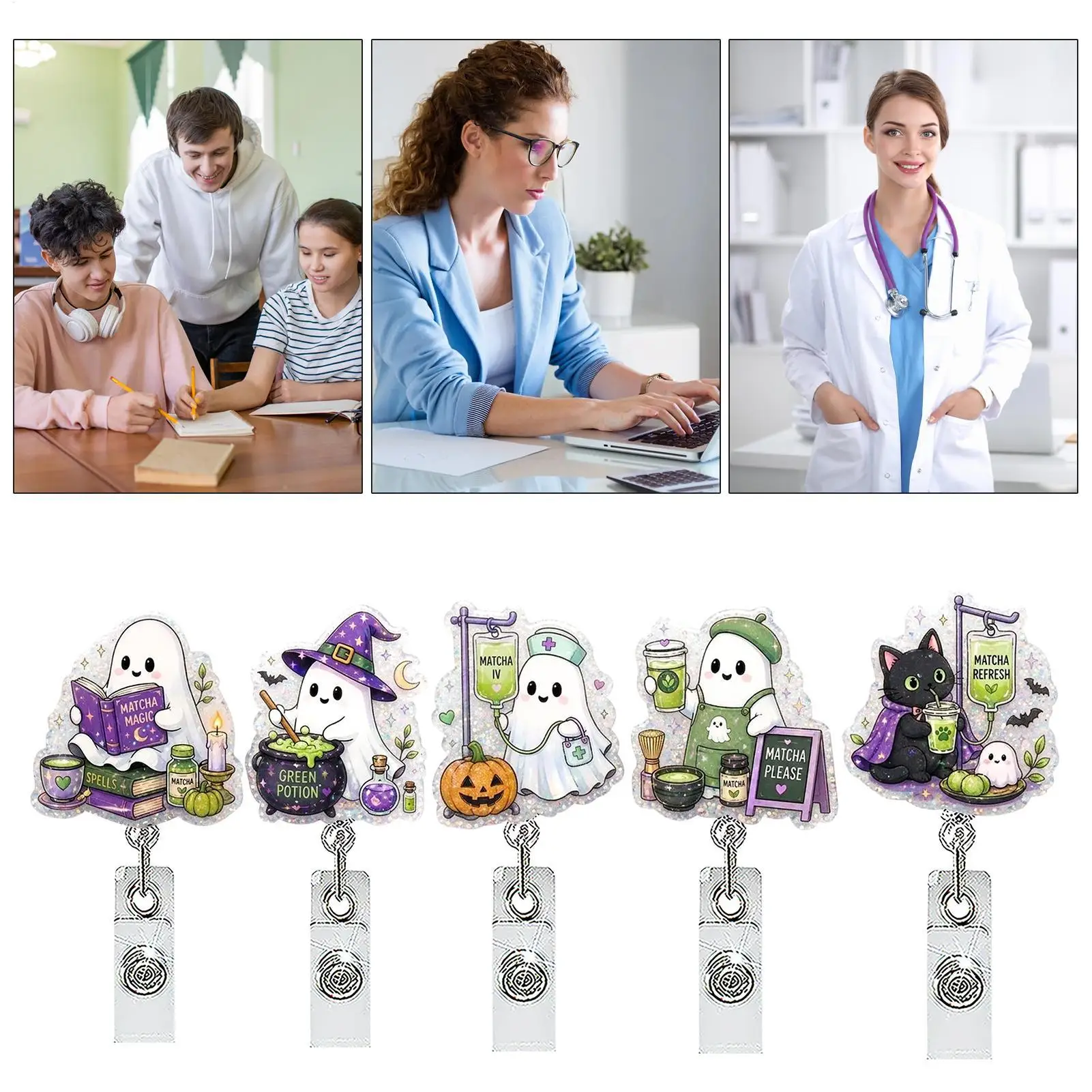 Badge Reel Halloween 5 Piece Cute Funny Nurse Student Name ID Clip Halloween Retractable Badge Holders For Nurse Doctor Holiday