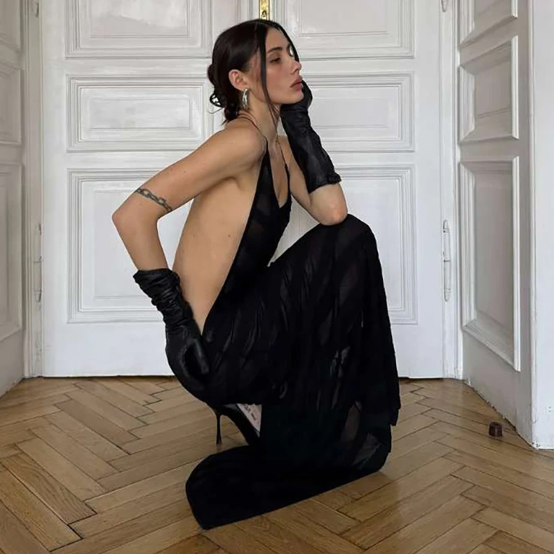 Sexy Mesh See Through Maxi Dress Women Backless Cut Out Night Prom Party Vestido 2025 Summer Harajuku Elegant Y2K Clothes