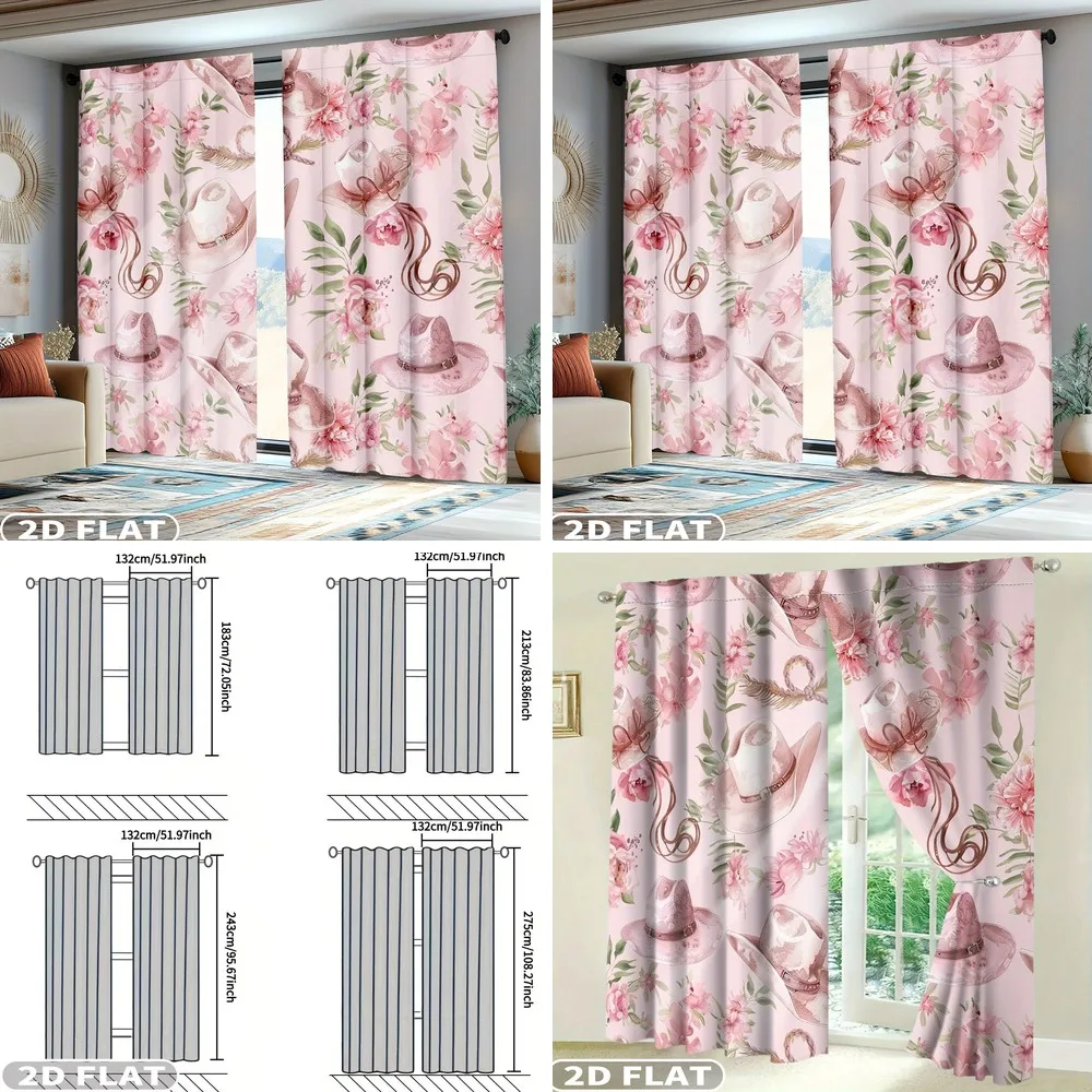 

2D Flat 2pcs Pink Floral Hats & Leaves Curtains, Light Filtering Window Drapes for Balcony Bedroom Living Room, Spring Summer