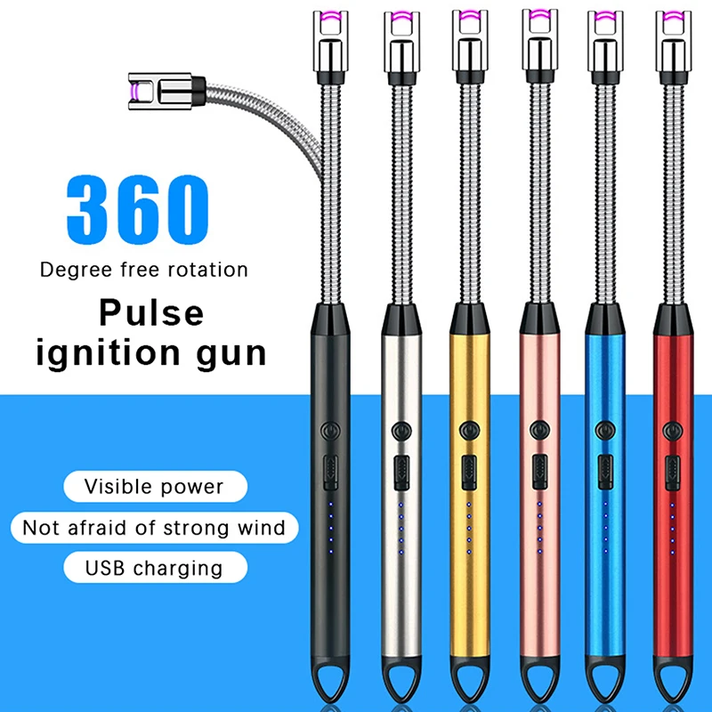 Aluminum Tube USB Arc Pulse Ignition Gun, Gas Stove Igniter, Windproof, Hose Lighter, Outdoor Candle, 360 Degree