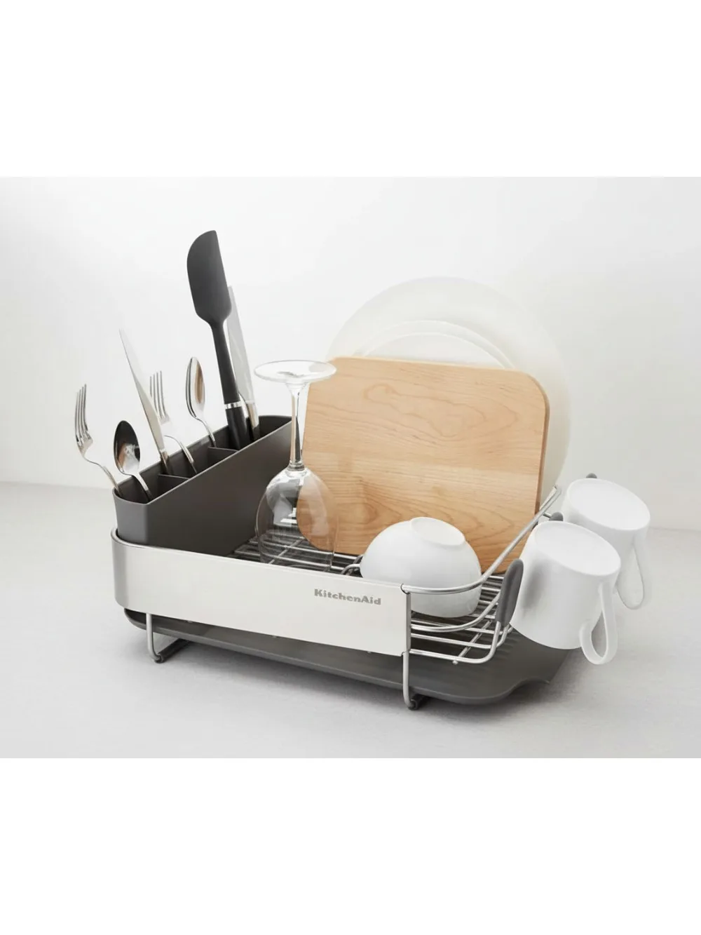 رف أطباق مدمج موفر للمساحة مع لوح تصريف ذاتي الصرف وعلبة أطباق قابلة للإزالة، رمادي 16 بوصة للمطابخ الصغيرة