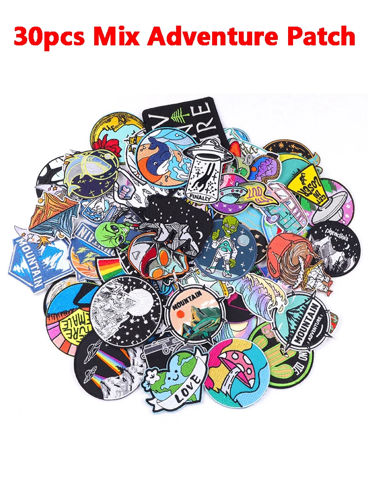 30 Pcs Mix Random Sent Adventure Mountain Alien Iron On Patches Camp Embroidery Patches For Clothing DIY Decoration For Clothes