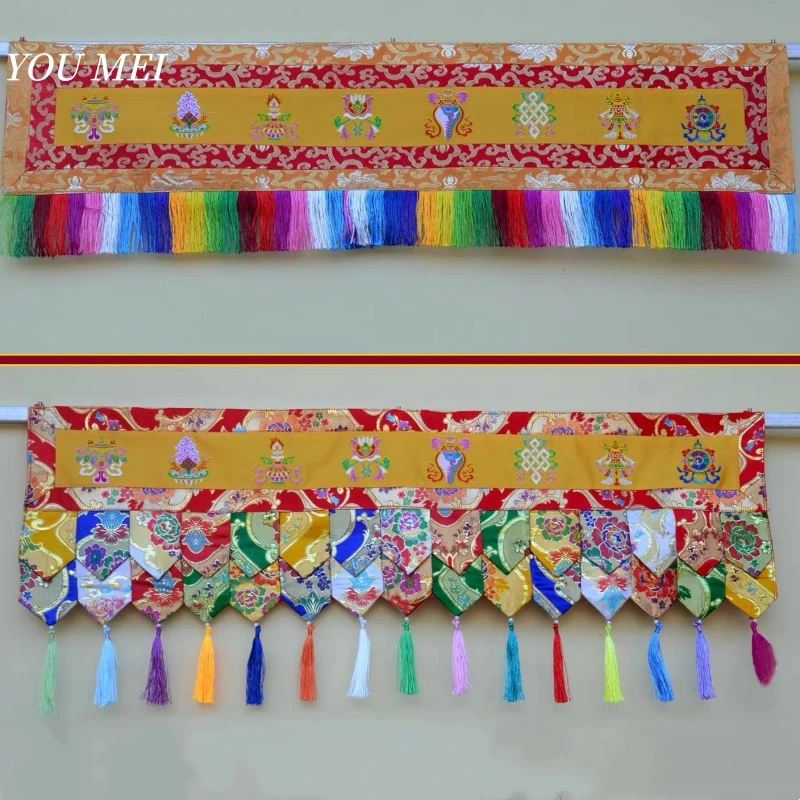 Tibetan-Style Curtains,1m Multicolored Embroidered Flower Eight Auspicious Pattern Hanging Banner Buddhist Altar Prayer Flag