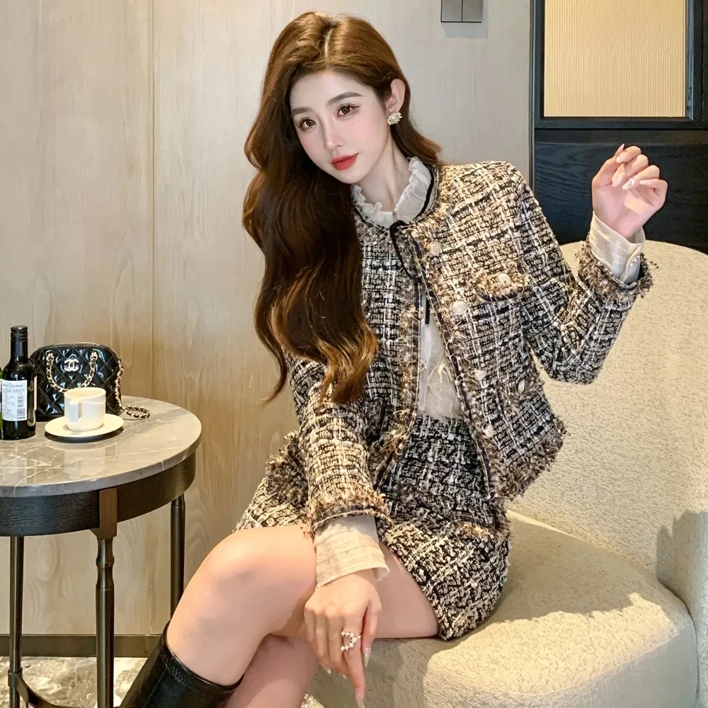 Autumn And Winter Fashion Slim Small Fragrance Wind Two-piece Beading Tweed Skirt Coat Female Elegant Gentle Temperament Suit