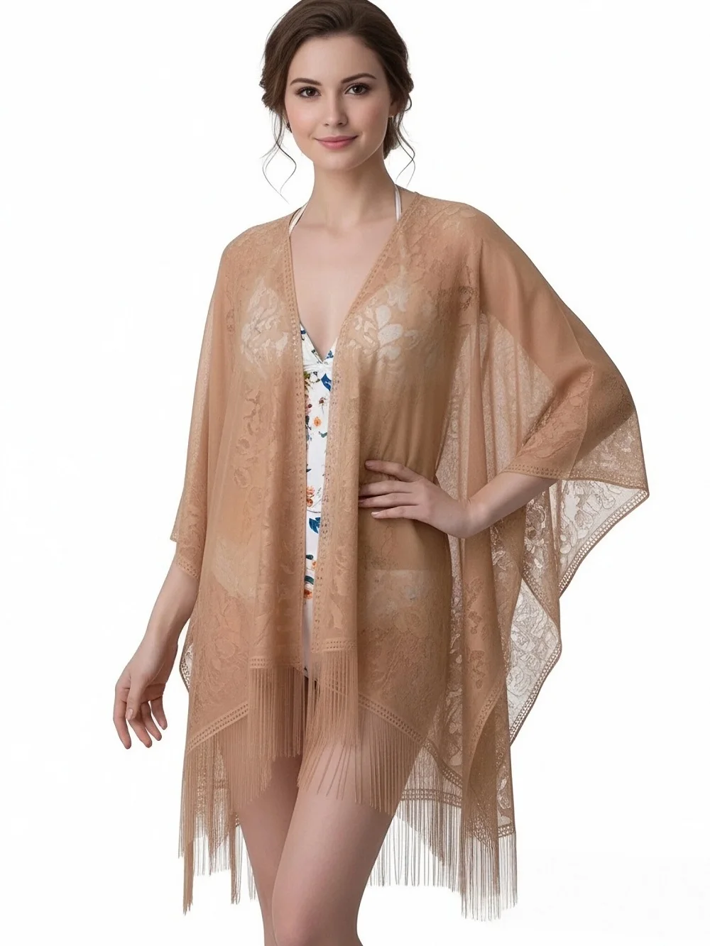

Beach Cover Up Women Lace Kimono Shawl Caramel Brown Elegant Bikini Cover Up Tassel Detail Summer Holiday Swimwear