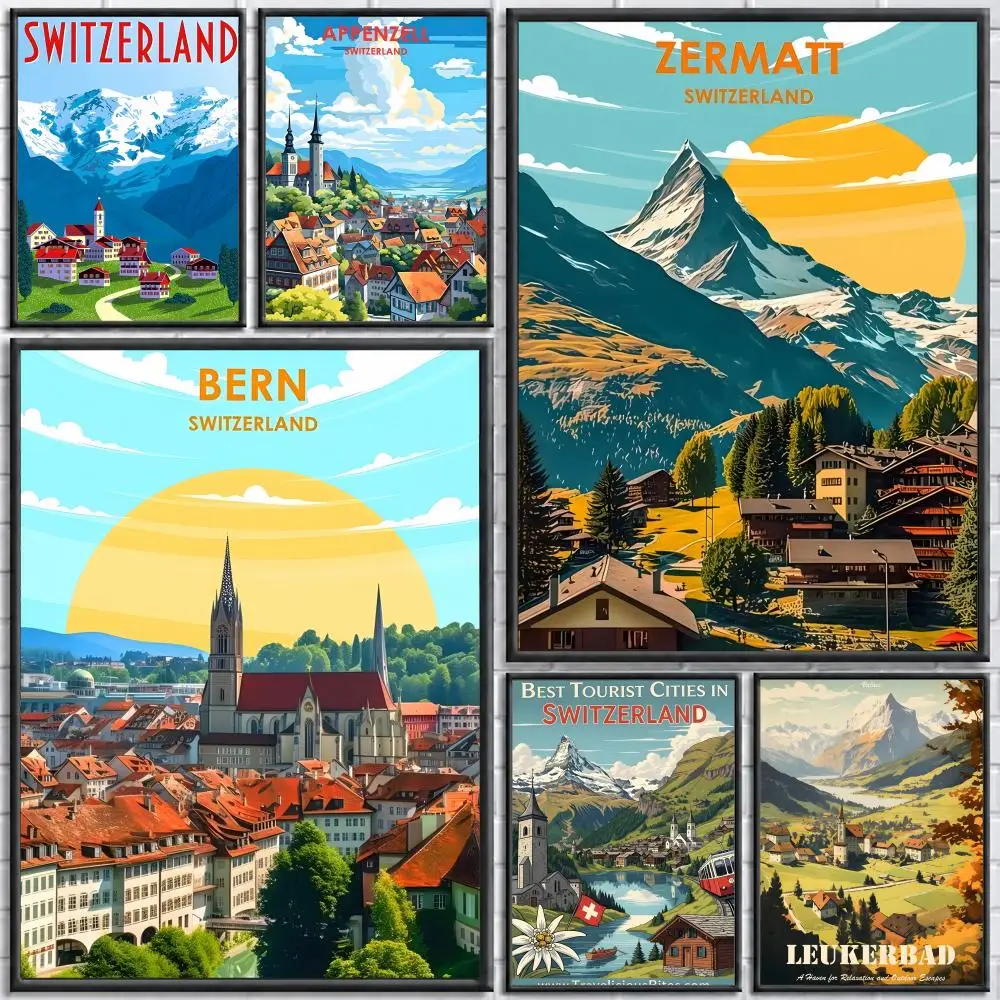 Place Swiss Town Poster Self-adhesive Art Waterproof Paper Sticker Coffee House Bar Room Wall Decor
