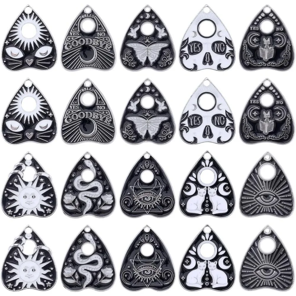 1 caixa 20 pçs 10 estilos tarô encantos esmalte em massa charme mágico preto liga de prata gato halloween ouijas coração charme