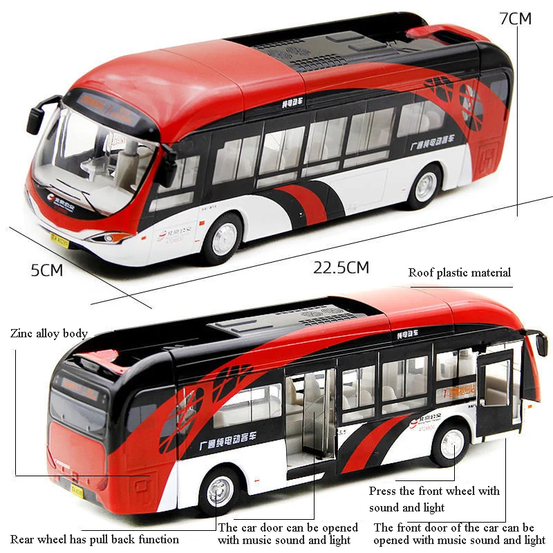 Simulação Modelo de carro de liga para crianças, ônibus elétrico, turismo turístico, som e luz, puxar para trás, presente, 1:32