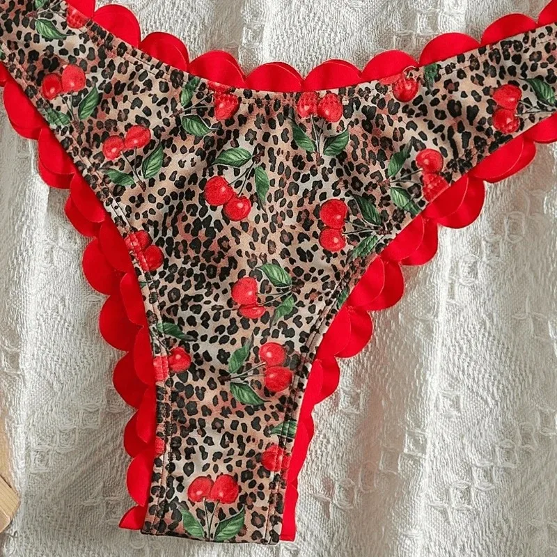 Women Two pieces Bikini Sexy Beach Bikini Strapless Cherry Swimsuit Leopard Print Red Two pieces Swimwear