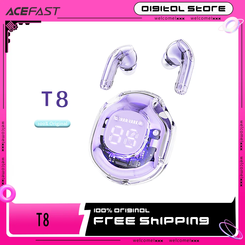 Acefast T8 Wireless Bluetooth Earphone Endurance Transparent Tws Led Display Earbuds Tws ANC Sports Gaming Headset Noise Reduce