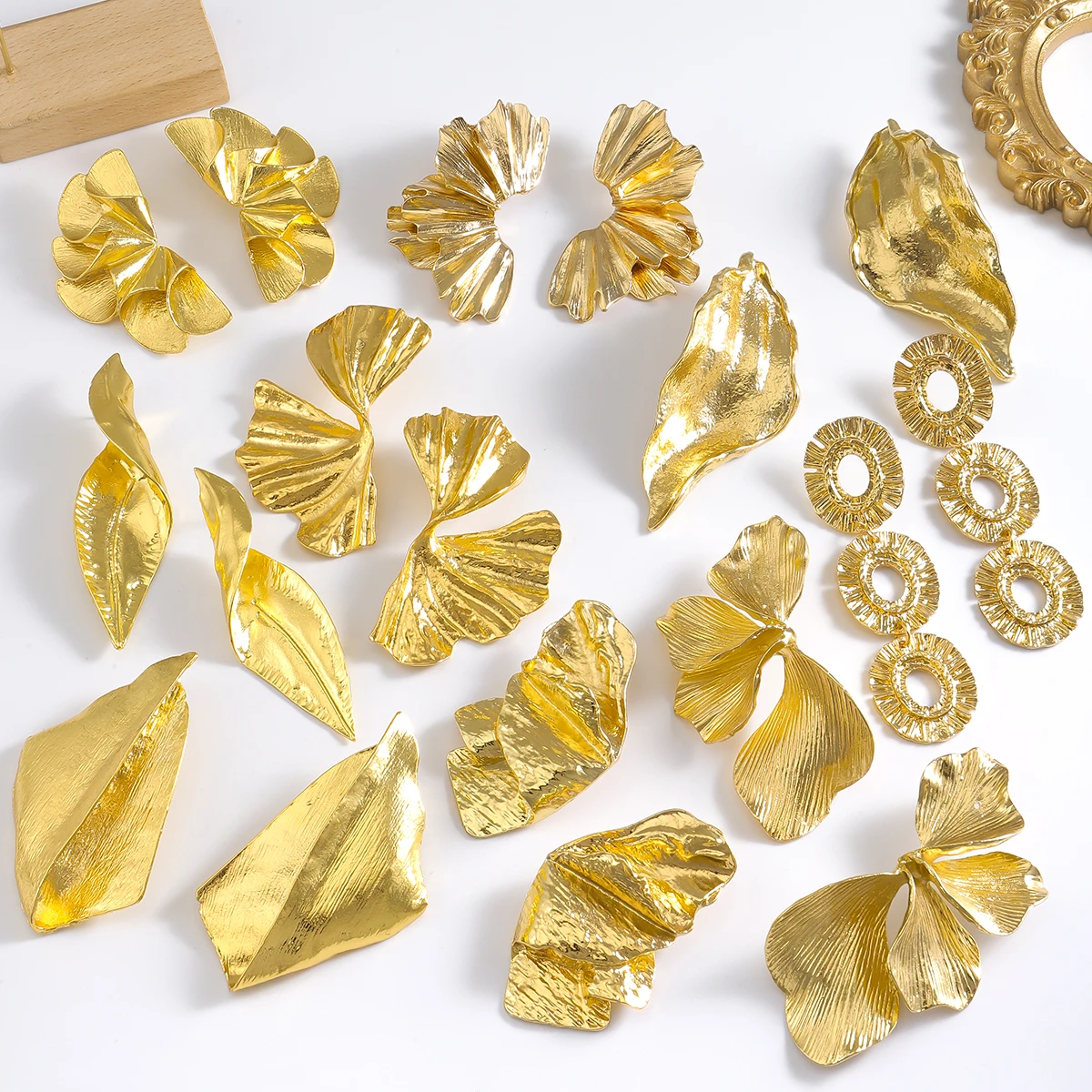 Vedawas Golden Exaggerated Irregular Geometric Flower Alloy Earrings,Elegant Wedding Banquet Women Accessories