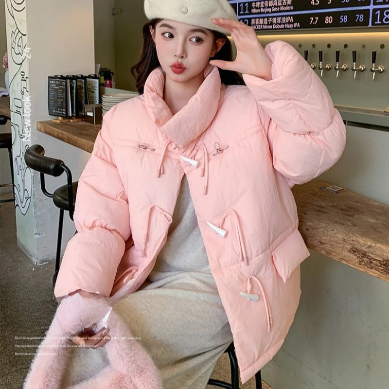 Women's Quilted Padded Coat Winter Warm Thick Horn Button Short Jacket Casual Loose Fit Cozy Soft Basic Female Outerwear Coats