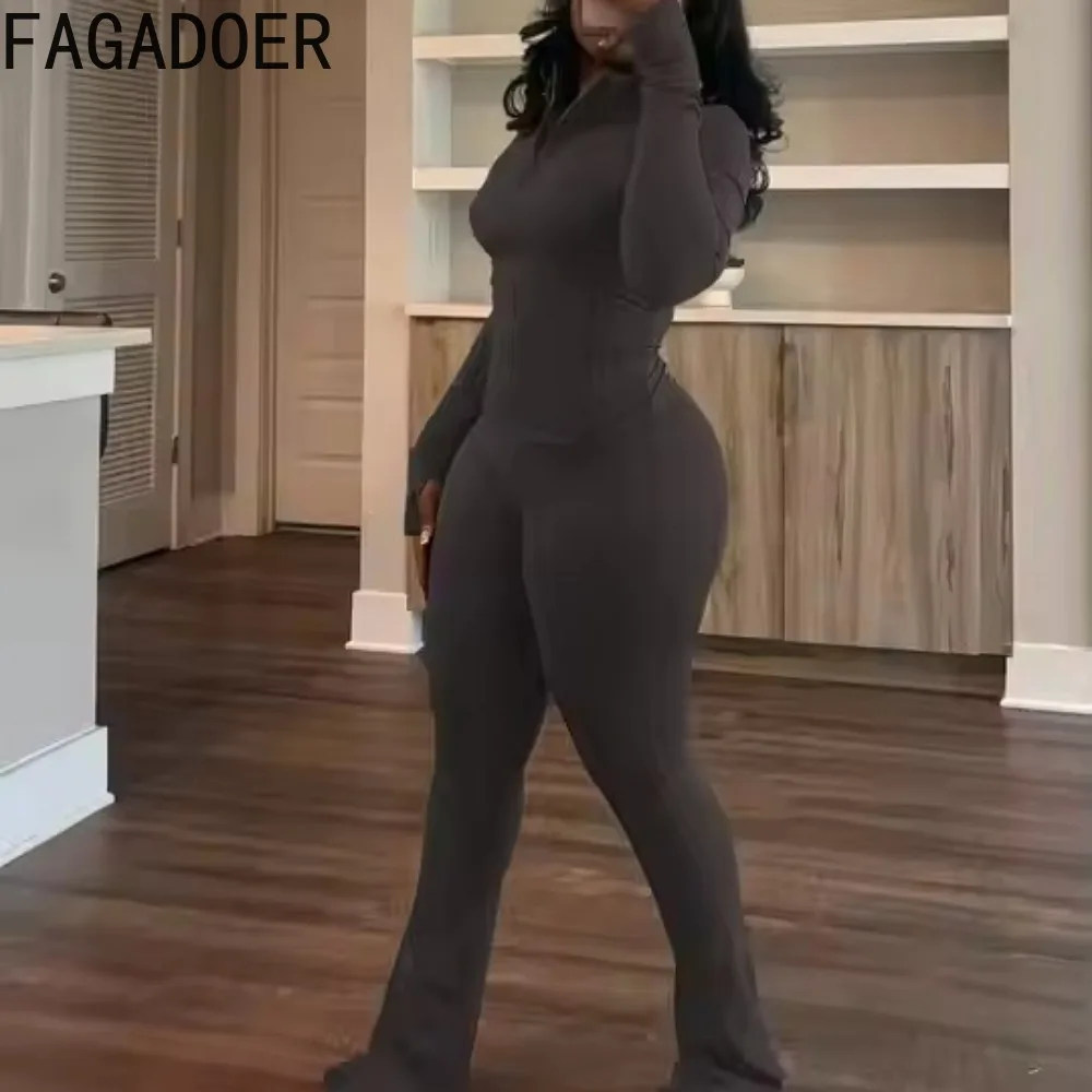 FAGADOER Casual Solid 2 Piece Set Outfit Women Long Sleeves Jacket and High Waist Flare Pants Sports Suits Autumn Winter New