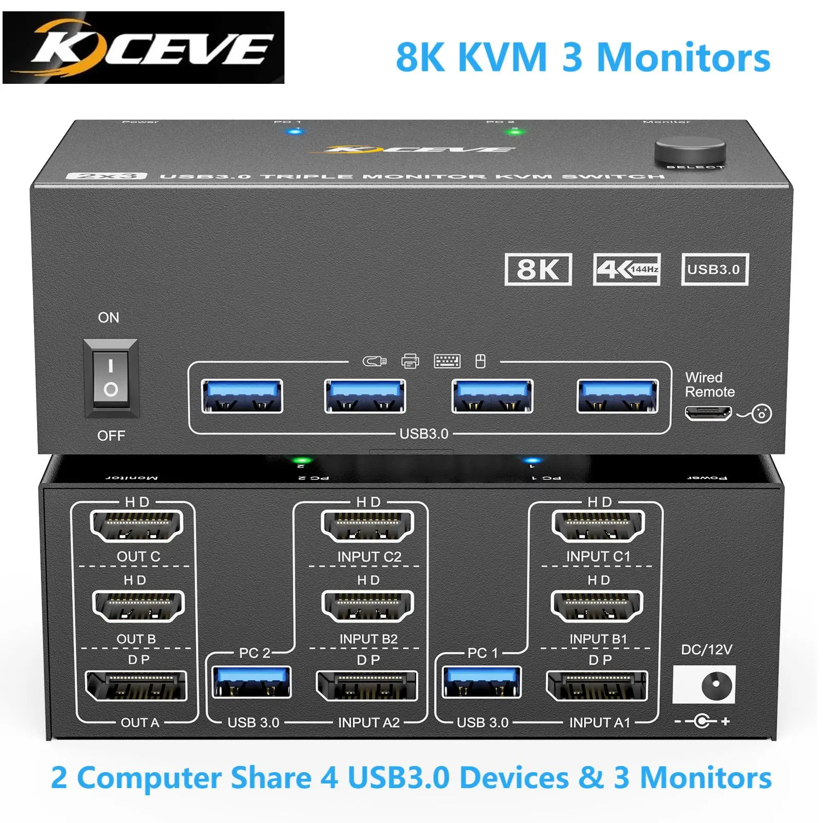 KCEVE 8K Tripe 3 Monitors KVM Switcher USB 3.0 Hub HDMI-Compatible DP Docking Station Switch Selector 2 Computers Share Keyboard