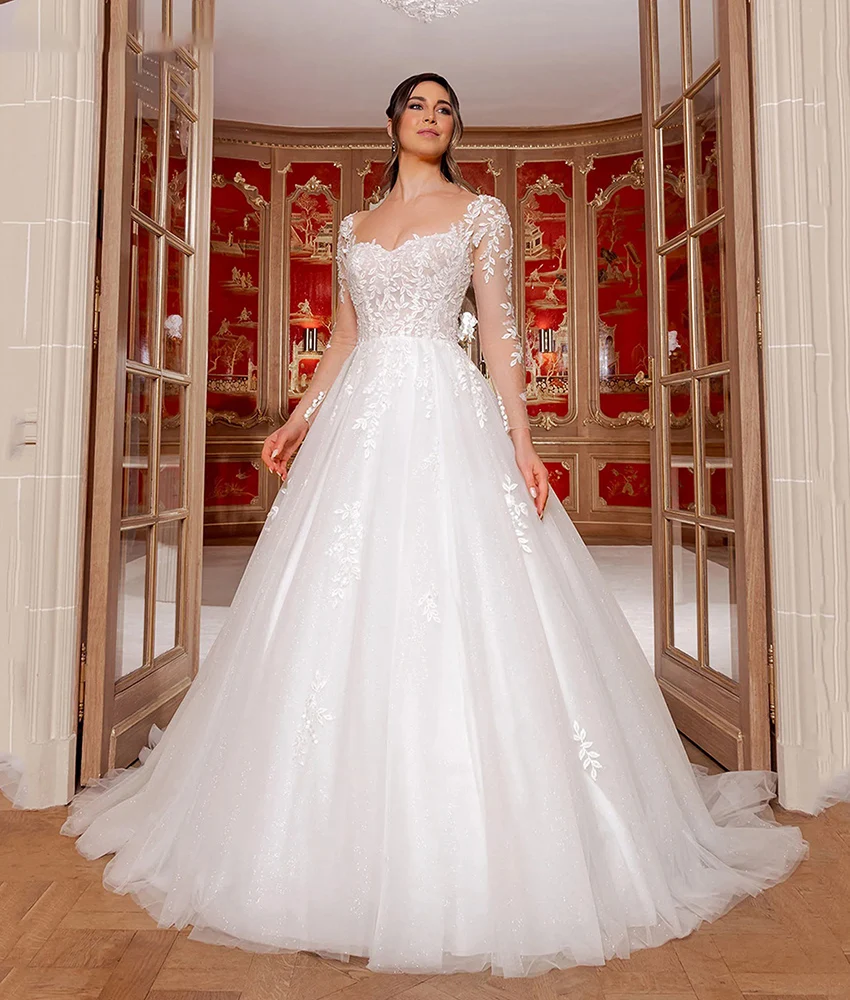 

Customized Classic Tulle A-Line Appliques Buttons Evening Dress Delicate Sweetheart Long Sleeves Floor Length Prom Gowns