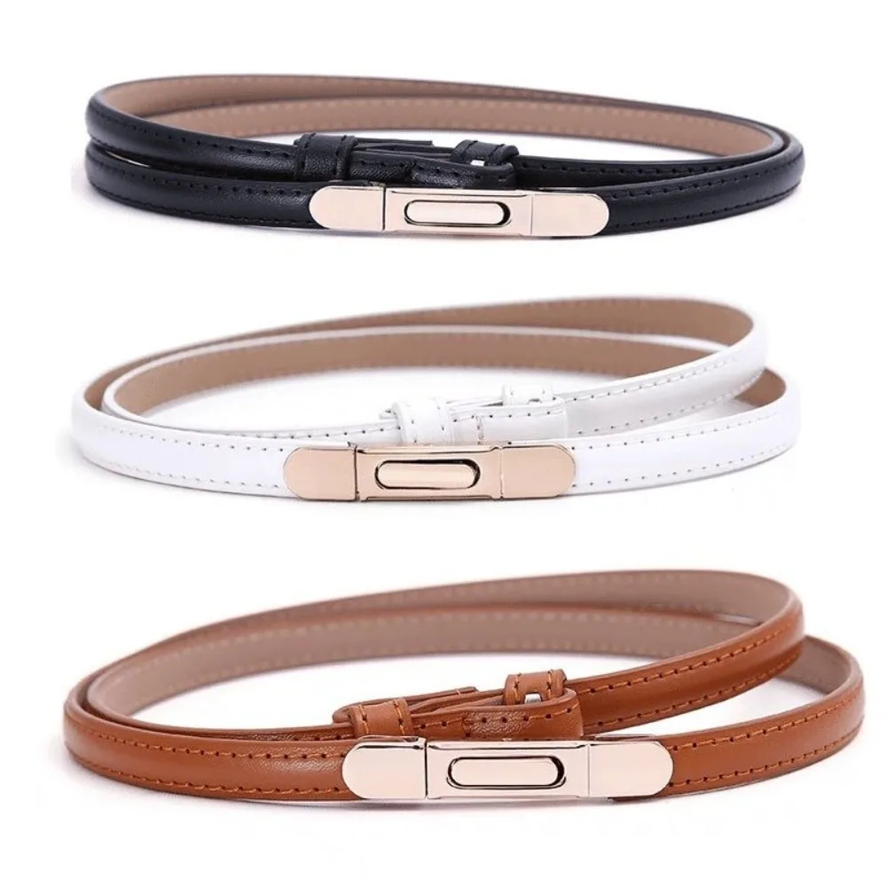 Luxury Ladies Slim Waist Belt Spring Buckle Design Adjustable Length Leather Belt Retro Skinny Belt