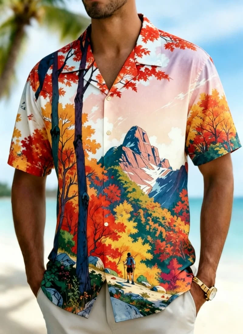 Men's landscape and cultural print shirt, suitable for summer fashion, daily wear, casual travel, and street style